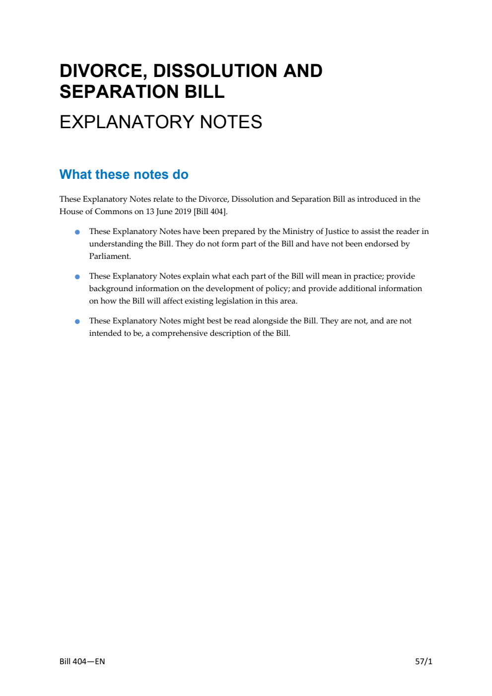 Divorce, Dissolution and Separation Bill Explanatory Notes