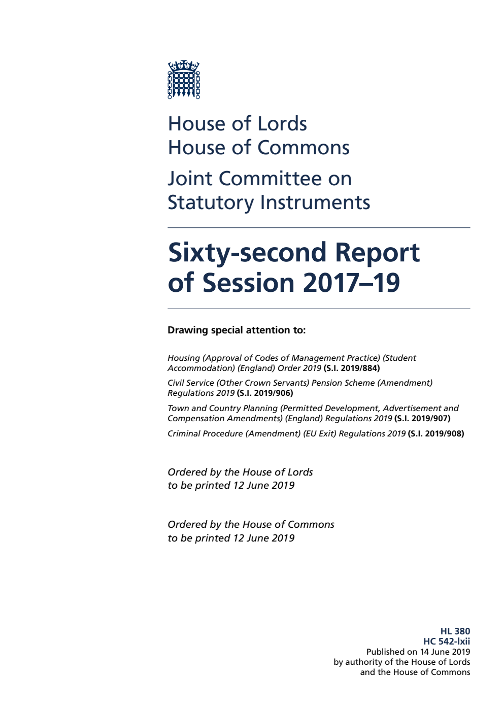 Joint Committee on Statutory Instruments 62nd Report of Session 2017–19