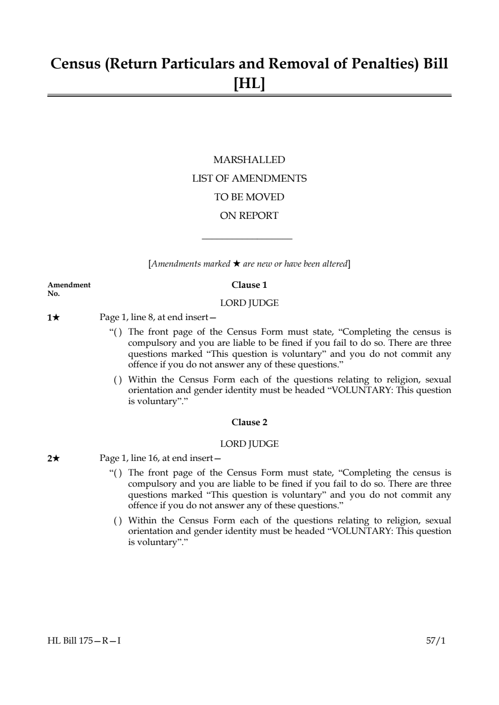 Census (Return Particulars and Removal of Penalties) Bill  Marshalled List of amendments to be moved on report