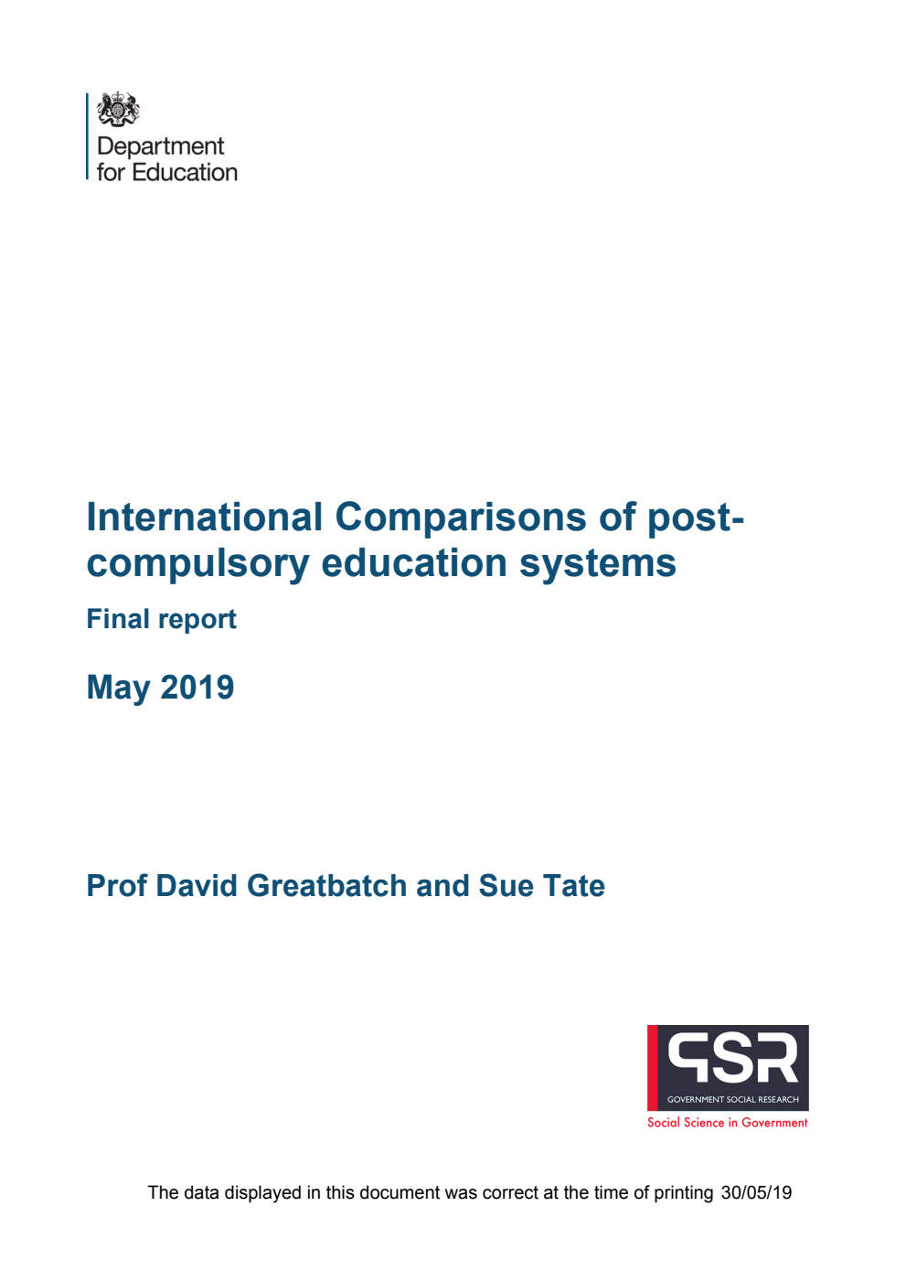 DFE-RR864 International Comparisons of post-compulsory education systems May 2019 (2 volume set) Vol 1 Final report