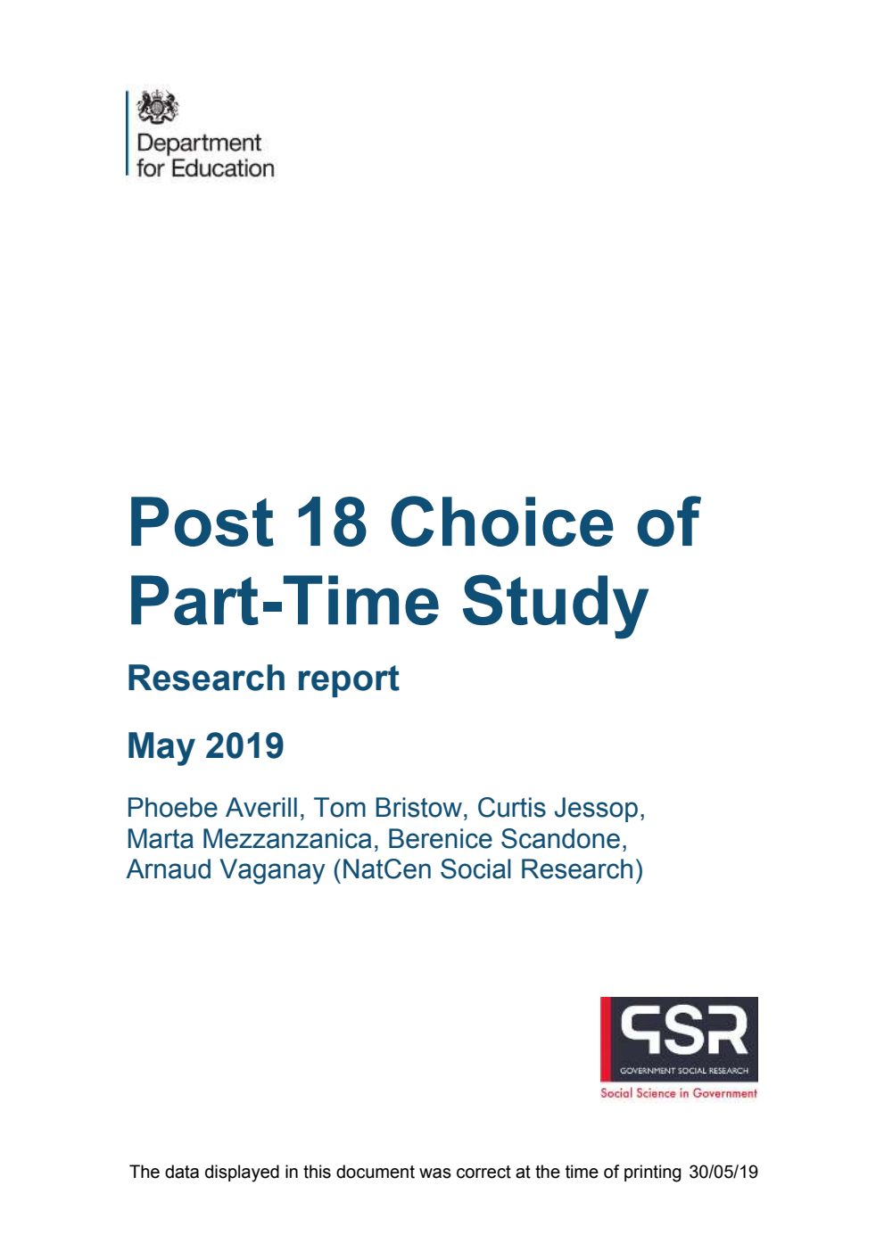 DFE-RR883 Post 18 Choice of Part-Time Study: Research report May 2019