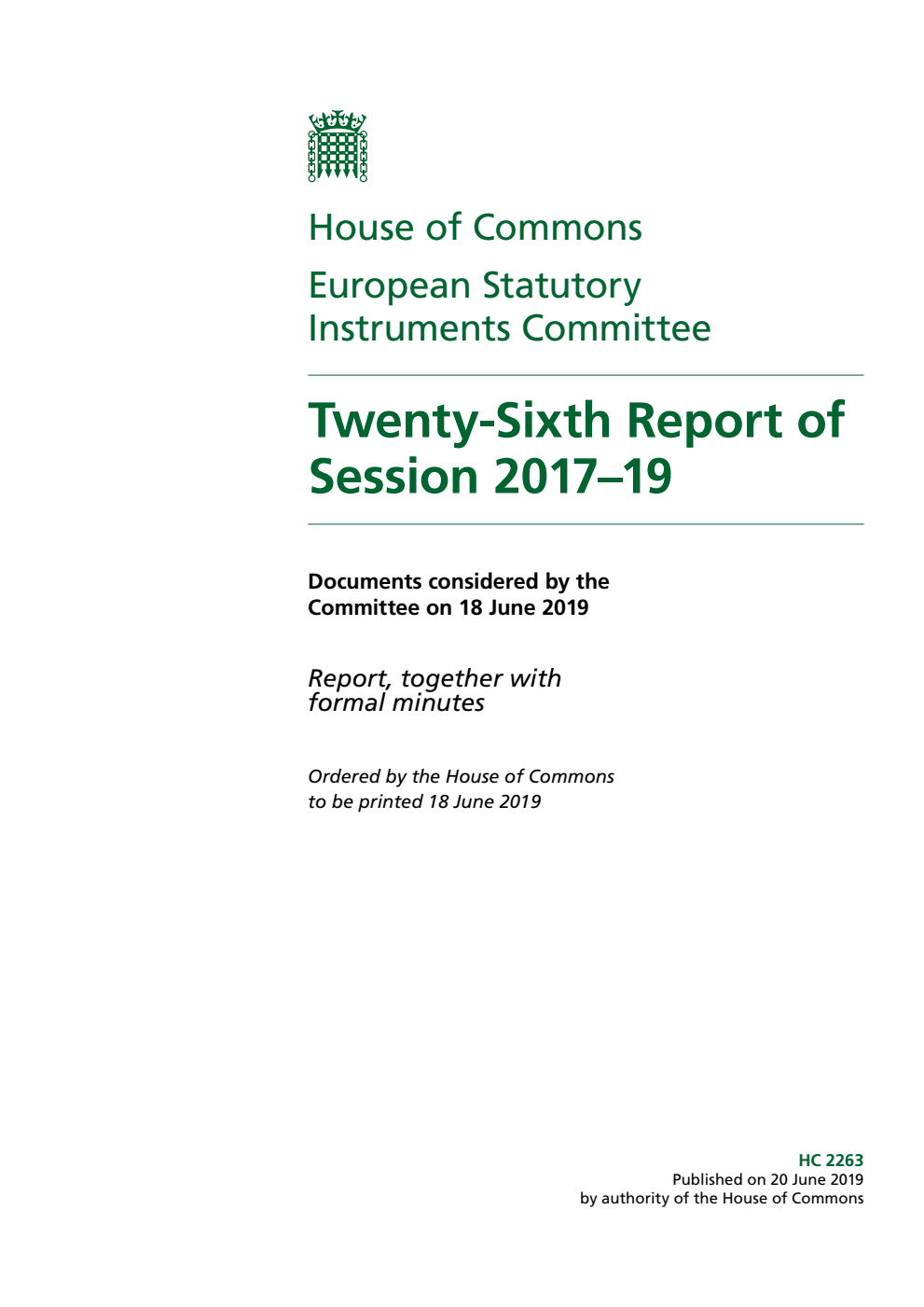 European Statutory Instruments Committee 26th Report of Session 2017-19