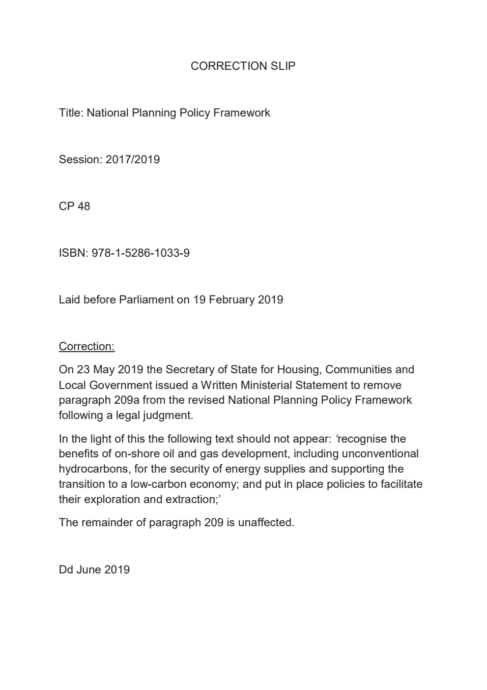 National Planning Policy Framework. Correction Slip, June 2019