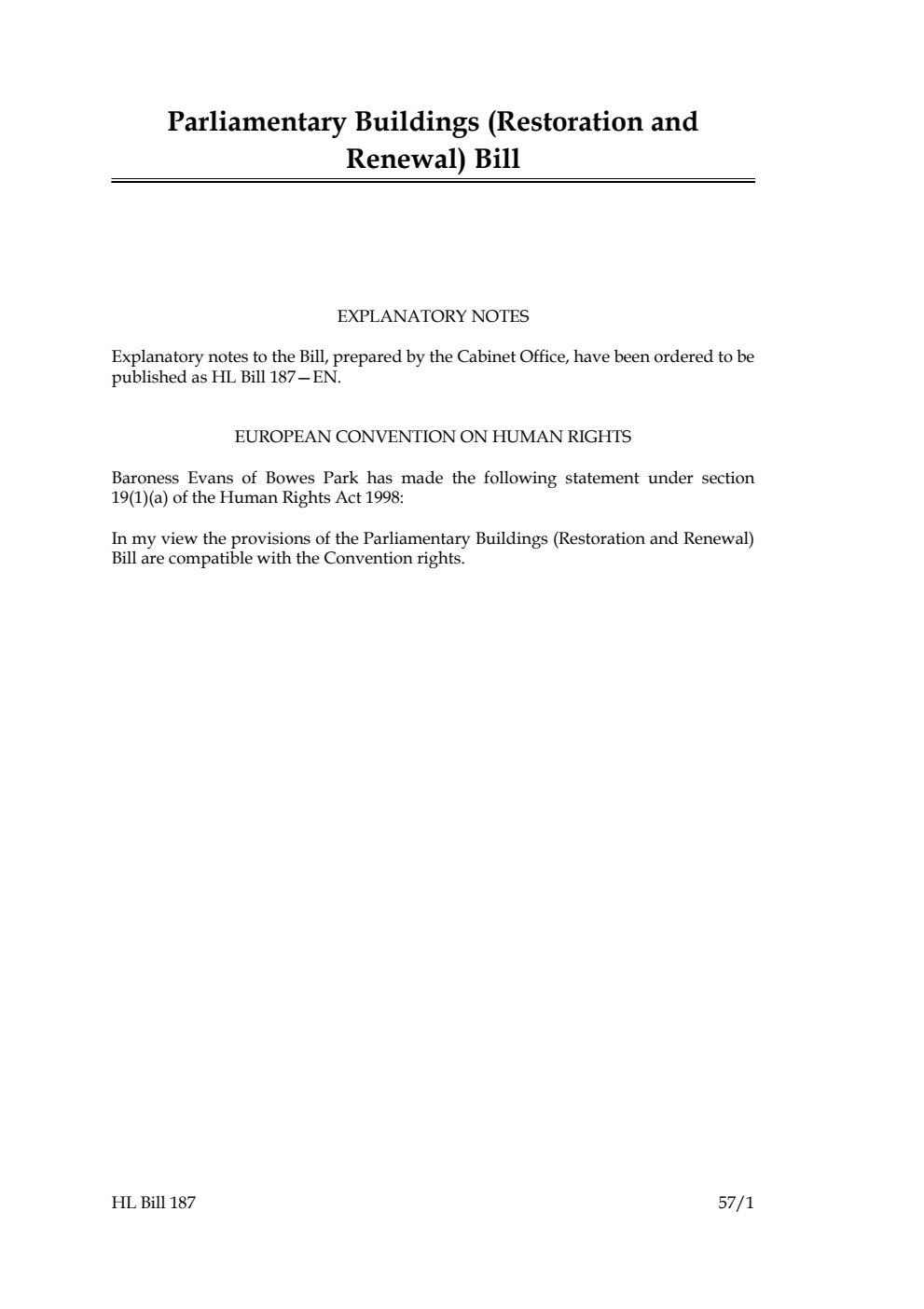 Parliamentary Buildings (Restoration and Renewal) Bill