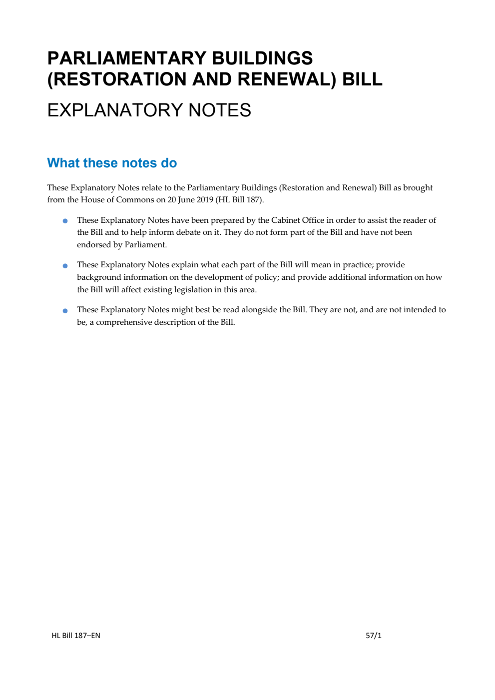 Parliamentary Buildings (Restoration and Renewal) Bill Explanatory Notes
