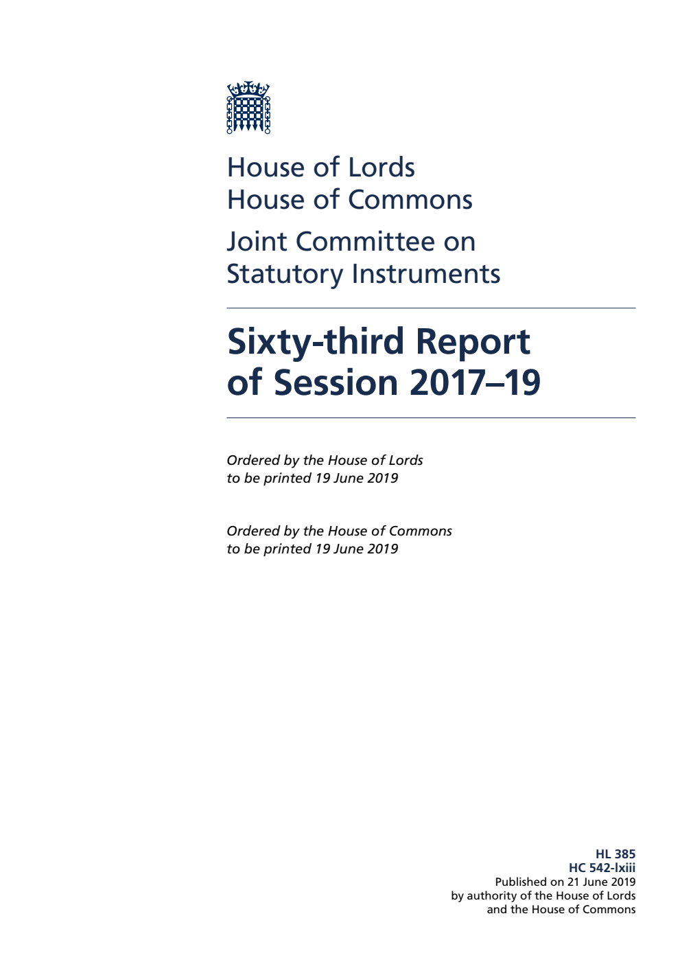 Joint Committee on Statutory Instruments 63rd Report of Session 2017–19