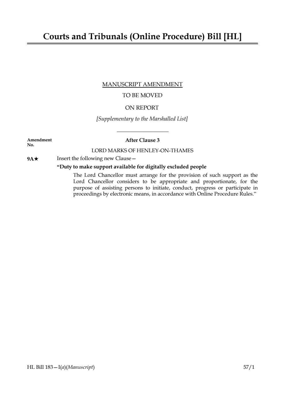 Courts and Tribunals (Online Procedure) Bill Manuscript amendment to be moved on report