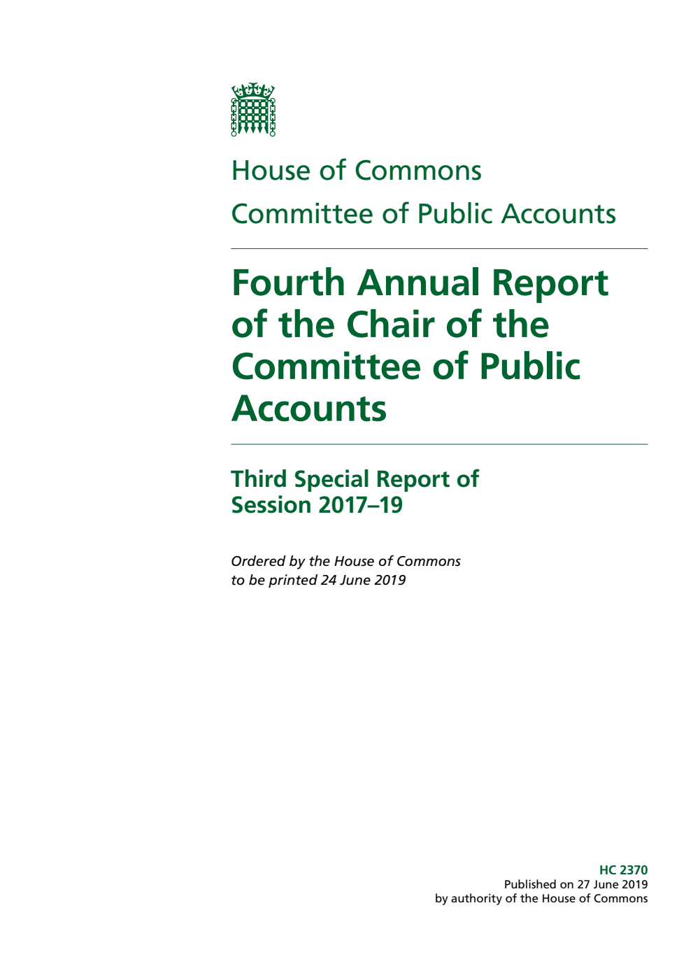 Public Accounts Committee 3rd Special Report. Fourth Annual Report of the Chair of the Committee of Public Accounts