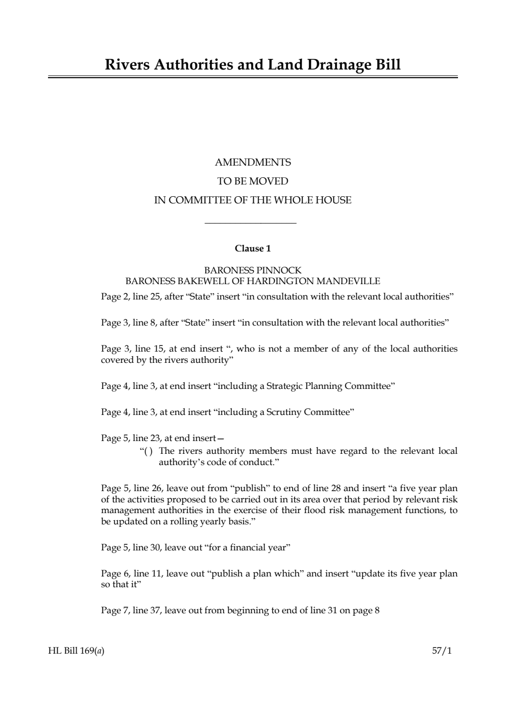 Rivers Authorities and Land Drainage Bill Amendments to be moved in Committee of the Whole House