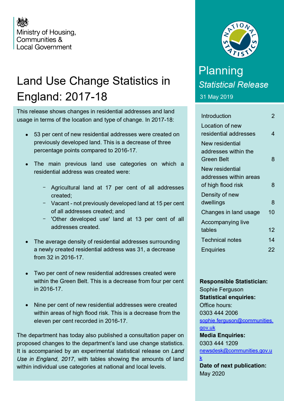 Land Use Change Statistics in England: 2017-18