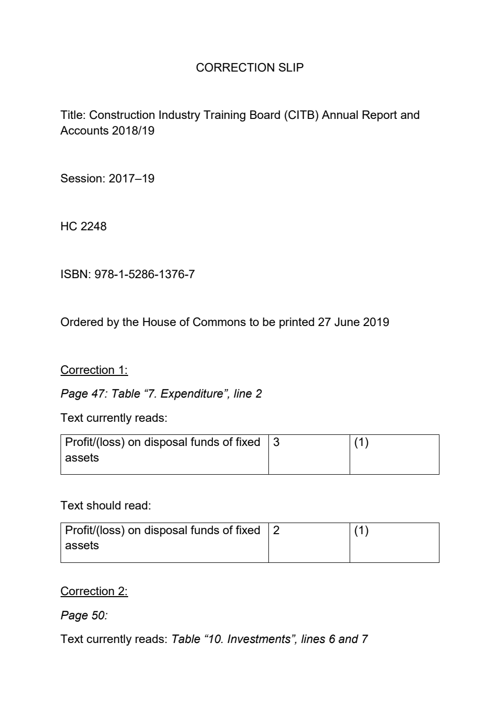 Construction Industry Training Board (CITB) Annual Report and Accounts 2018/19 for the year ended the 31 March 2019. Correction Slip, June 2019