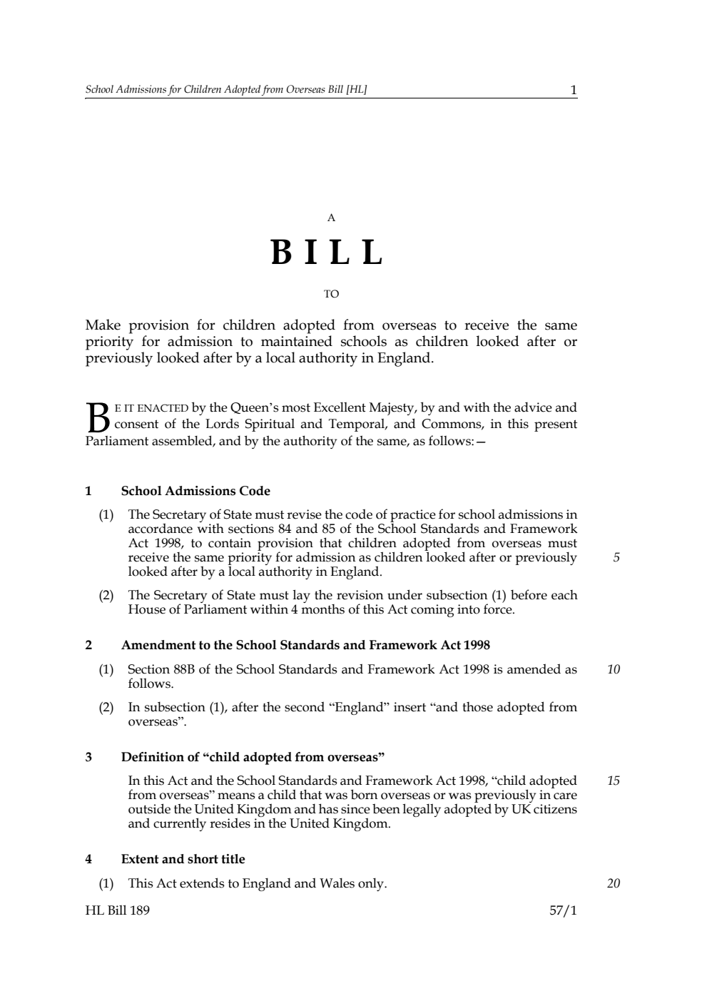 School Admissions for Children Adopted from Overseas Bill
