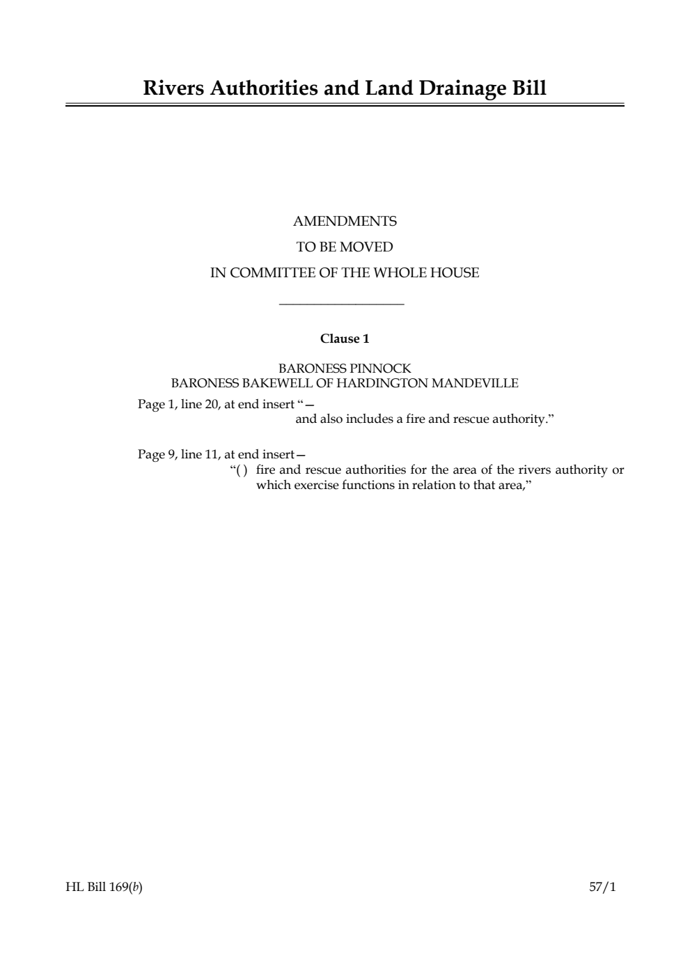 Rivers Authorities and Land Drainage Bill Amendments to be moved in Committee of the Whole House