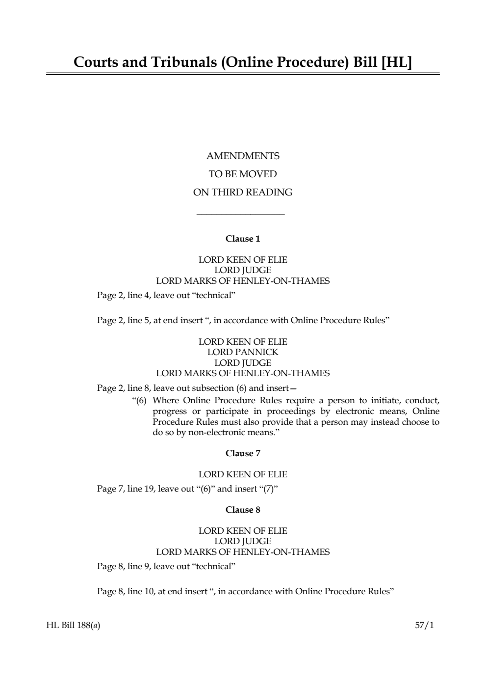 Courts and Tribunals (Online Procedure) Bill Amendments to be moved on third reading