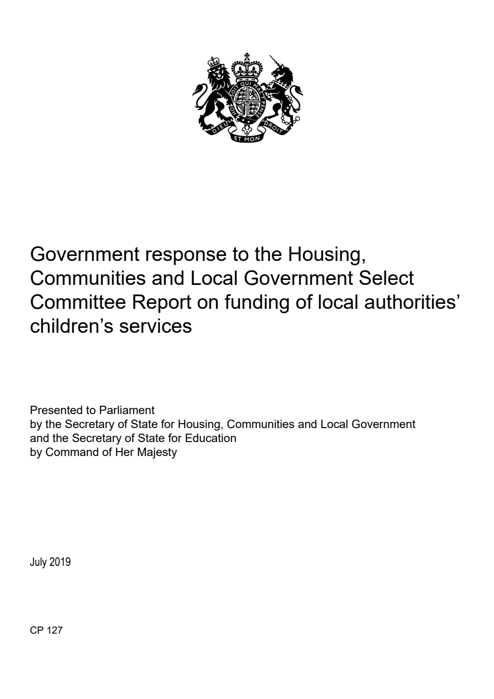 Government response to the Housing, Communities and Local Government Select Committee Report on funding of local authorities’ children’s services