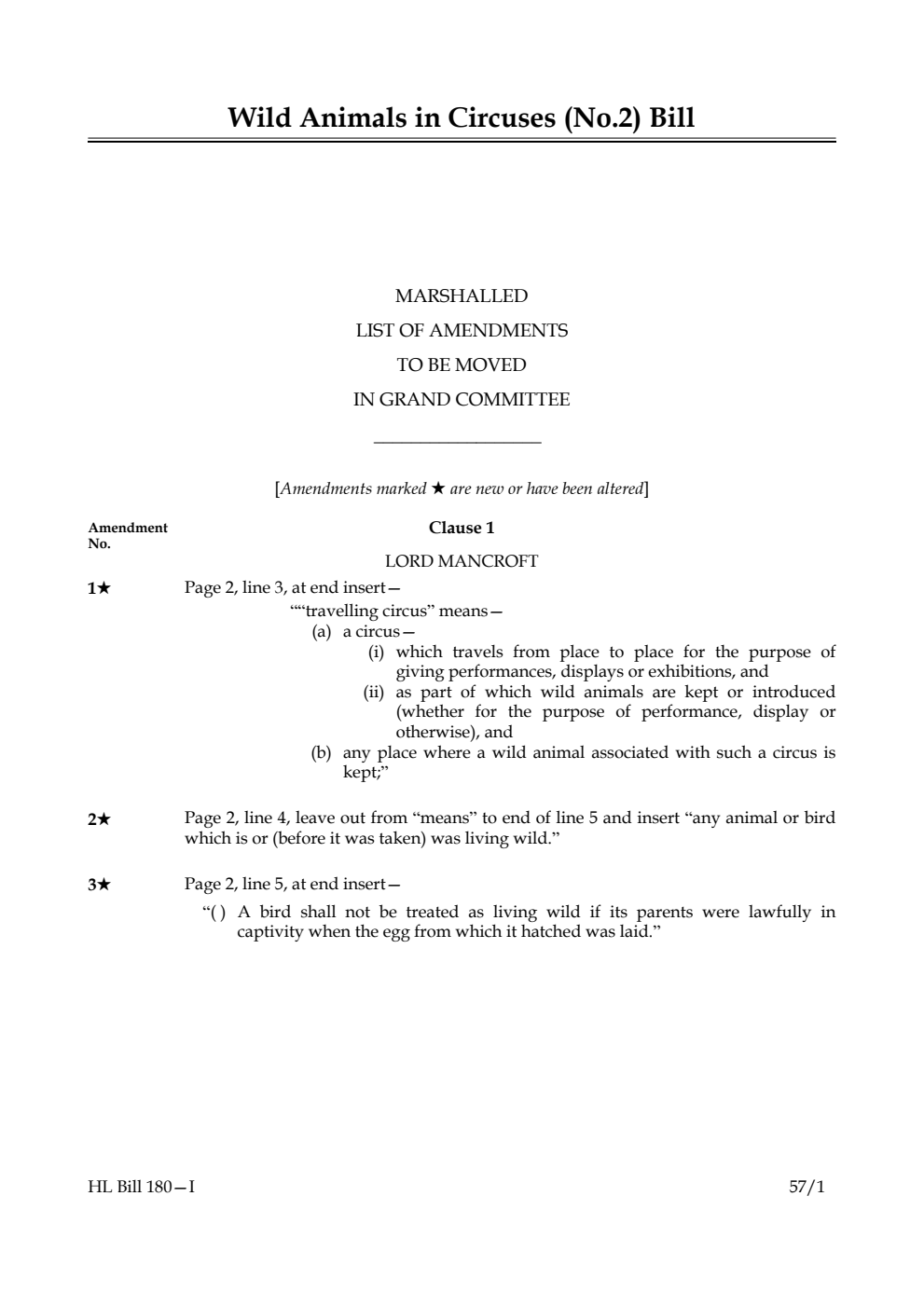 Wild Animals in Circuses (No. 2) Bill Marshalled List of Amendments to be moved in Grand Committee