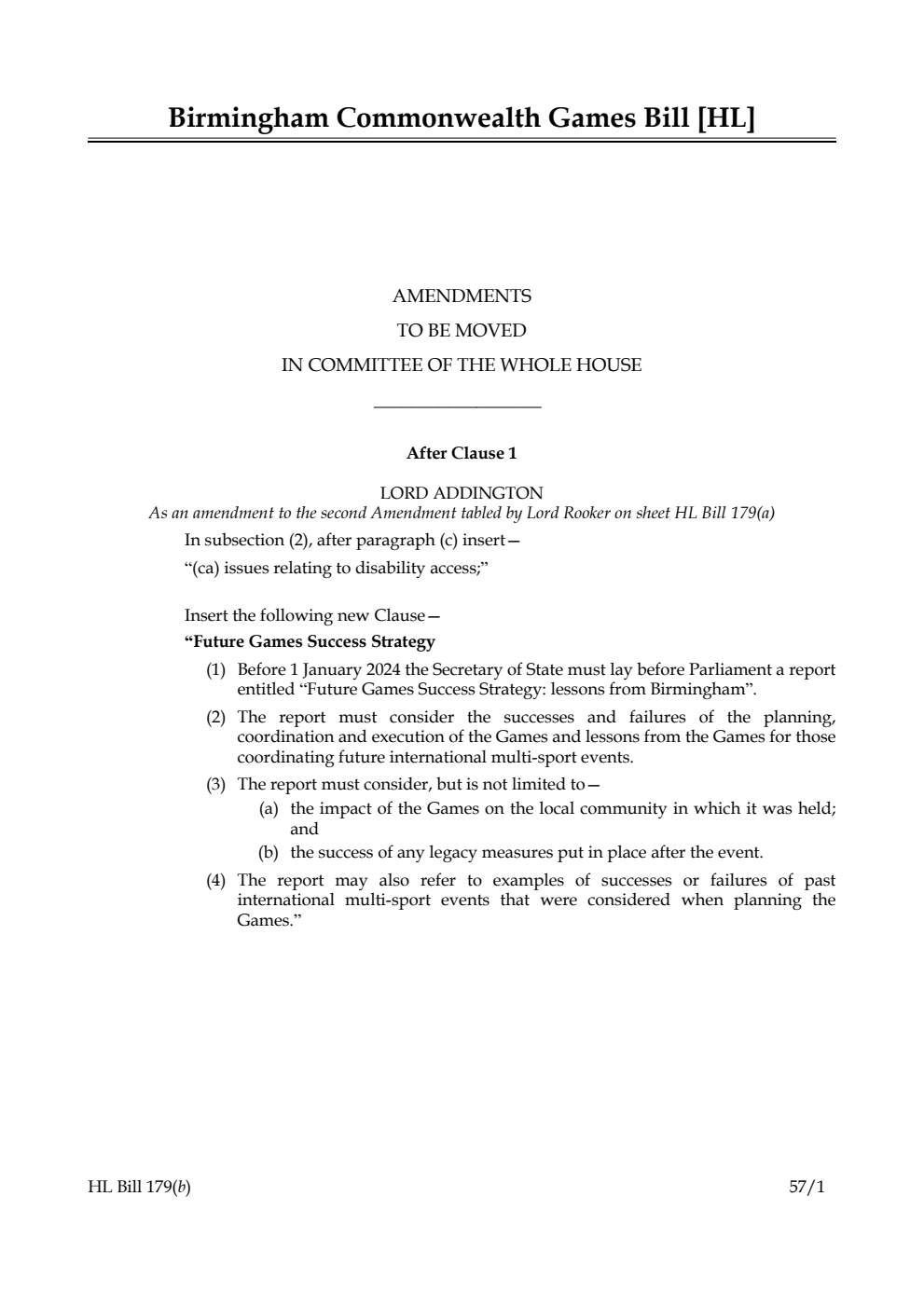 Birmingham Commonwealth Games Bill Amendments to be moved in Committee of the Whole House