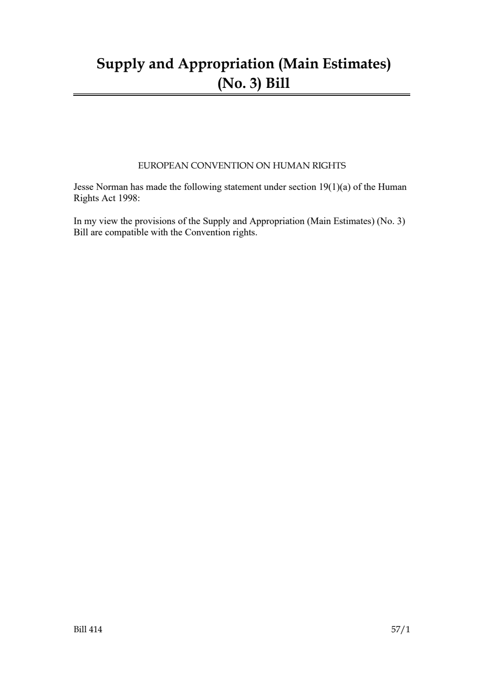 Supply and Appropriation (Main Estimates) (No. 3) Bill