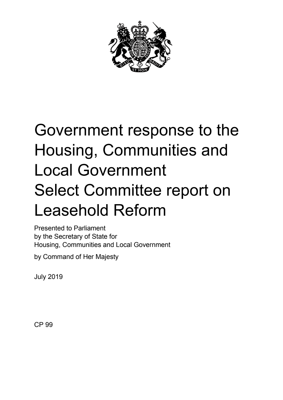 Government response to the Housing, Communities and Local Government Select Committee report on Leasehold Reform
