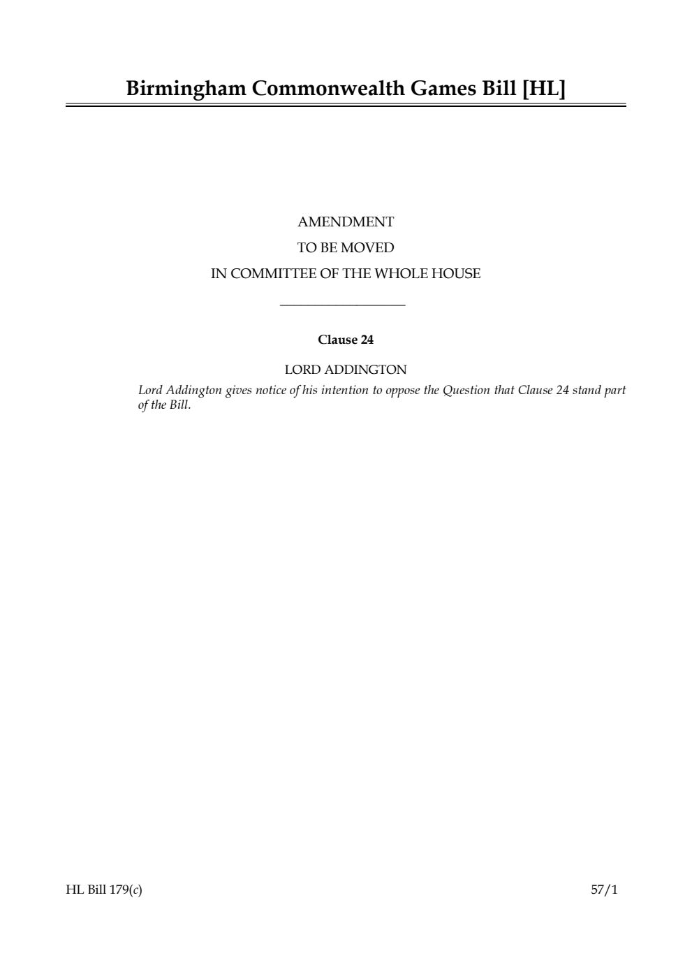 Birmingham Commonwealth Games Bill Amendment to be moved in Committee of the Whole House
