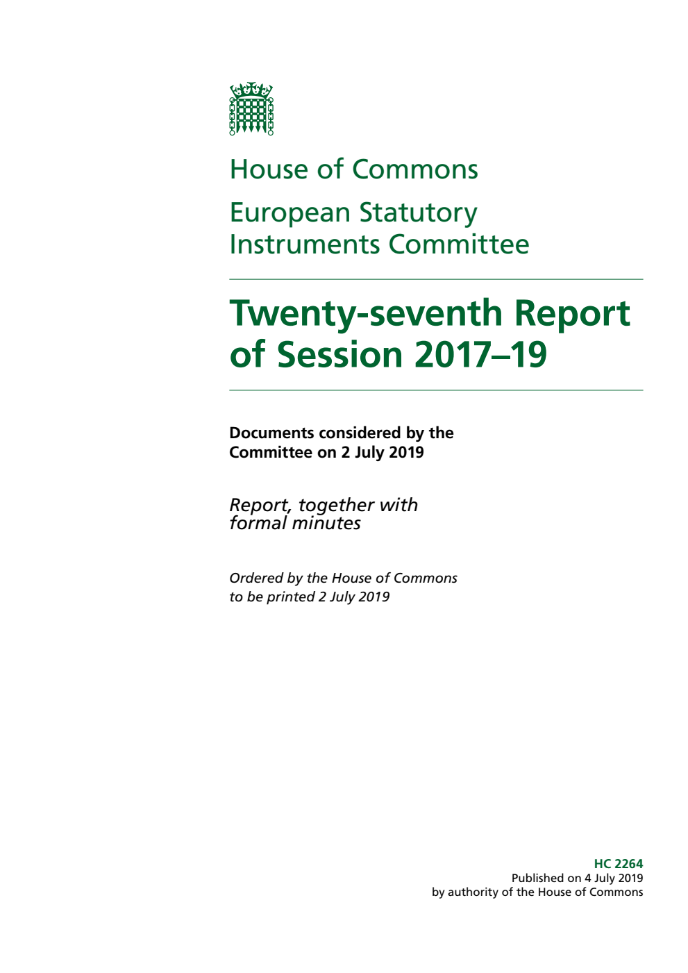 European Statutory Instruments Committee 27th Report of Session 2017-19