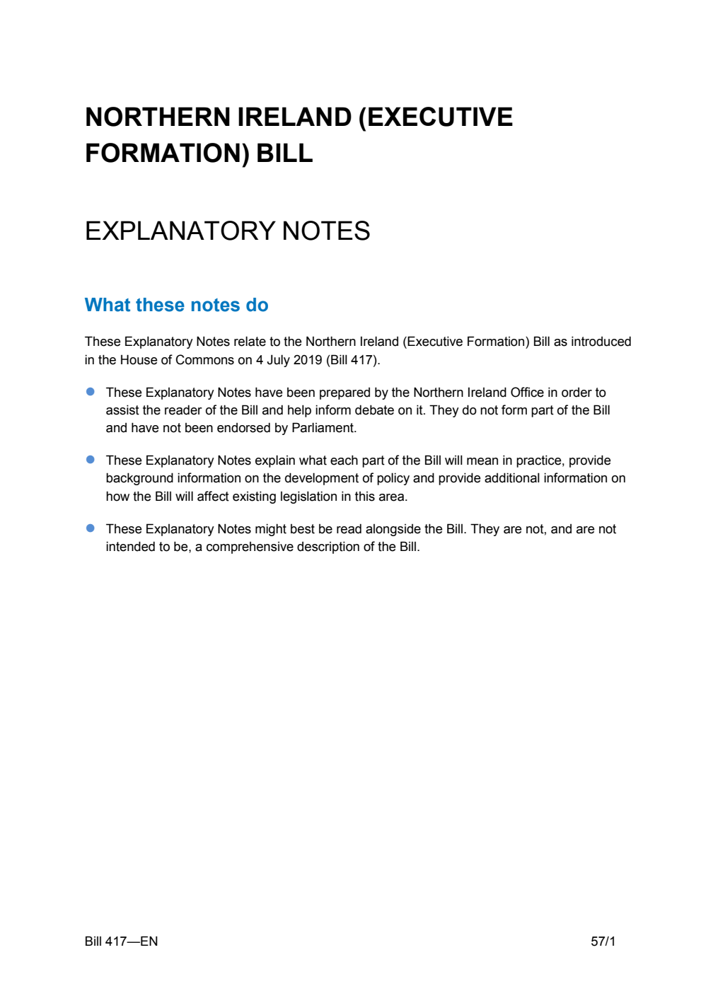 Northern Ireland (Executive Formation) Bill Explanatory Notes