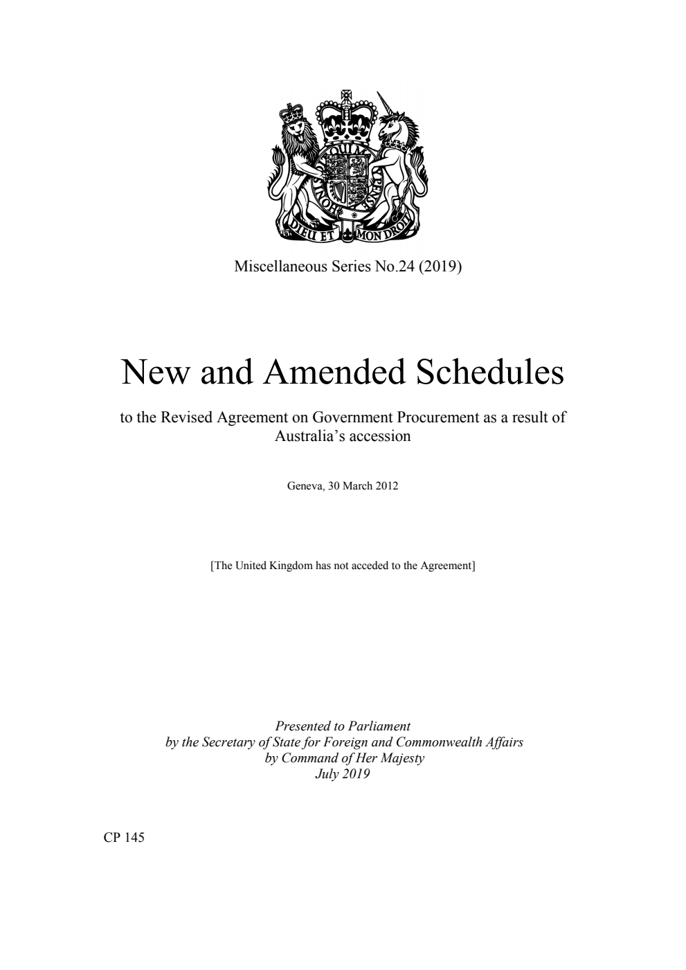 Miscellaneous Series No.24 (2019) New and Amended Schedules to the Revised Agreement on Government Procurement as a result of Australia’s accession. Geneva, 30 March 2012
