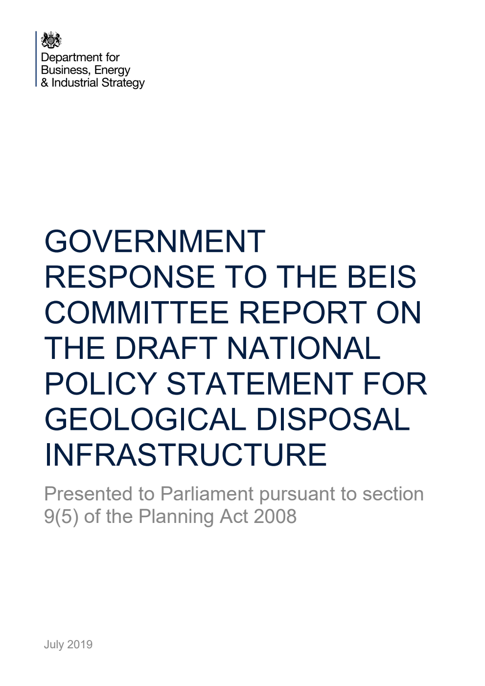 Government Response to the BEIS Committee Report on the Draft National Policy Statement for Geological Disposal Infrastructure
