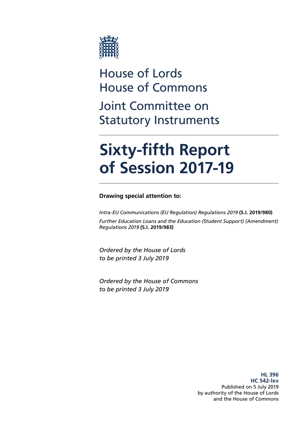 Joint Committee on Statutory Instruments 65th Report of Session 2017–19