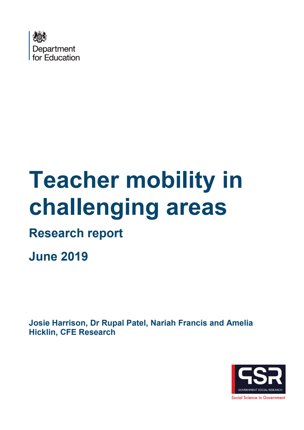 DFE-RR917 Teacher mobility in challenging areas. Research report June 2019