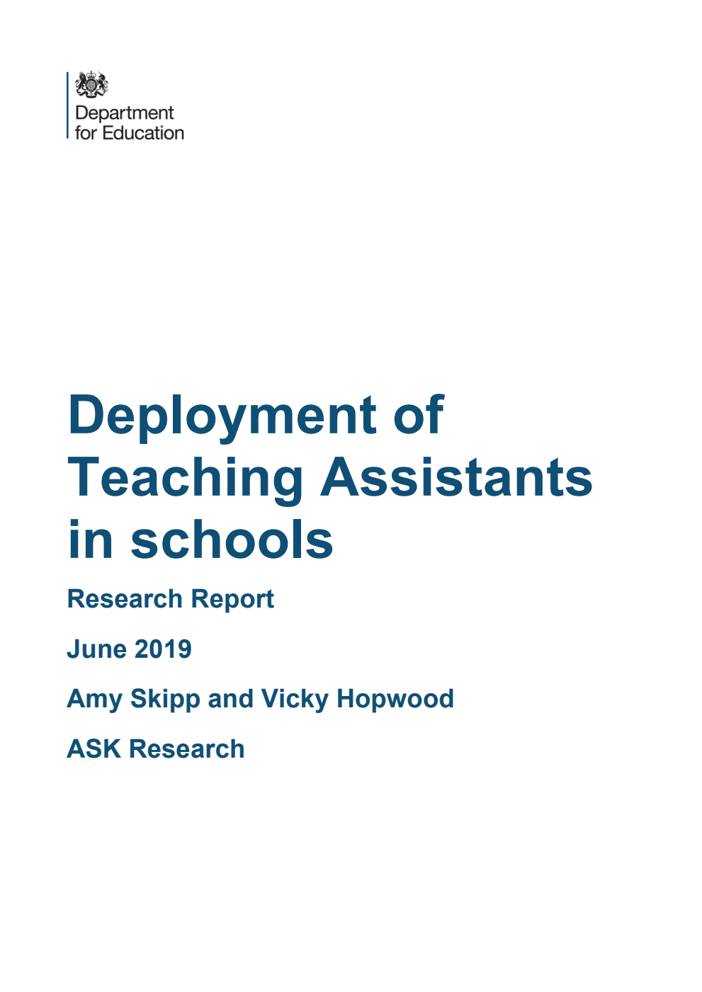 DFE-RR939 Deployment of Teaching Assistants in schools. Research Report June 2019