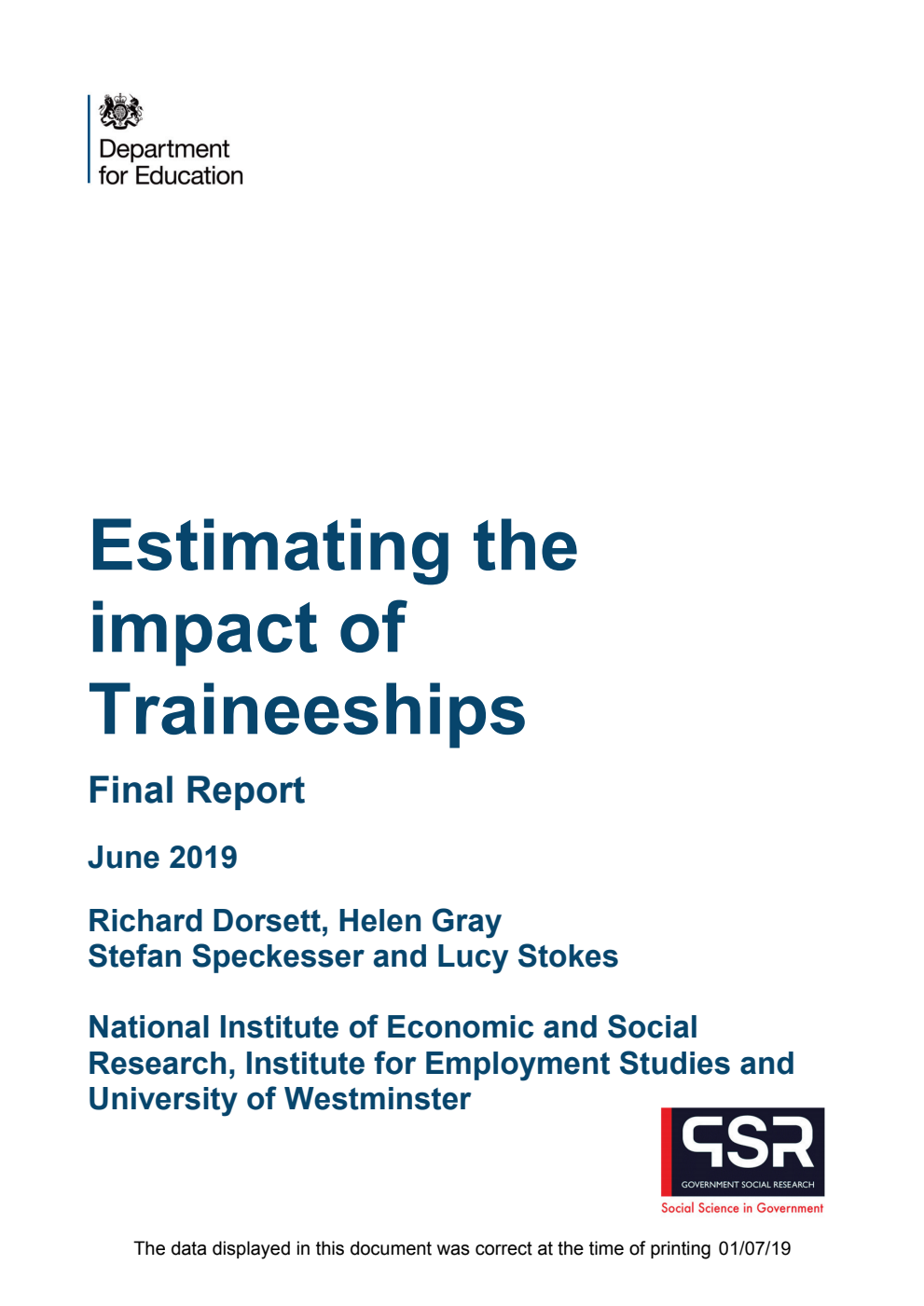 DFE-RR919 Estimating the impact of Traineeships: Final Report June 2019