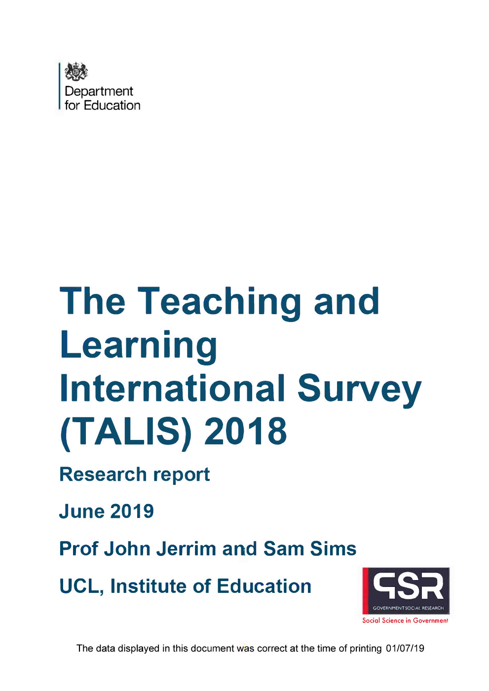 DFE-RR938 The Teaching and Learning International Survey (TALIS) 2018: Research Report June 2019