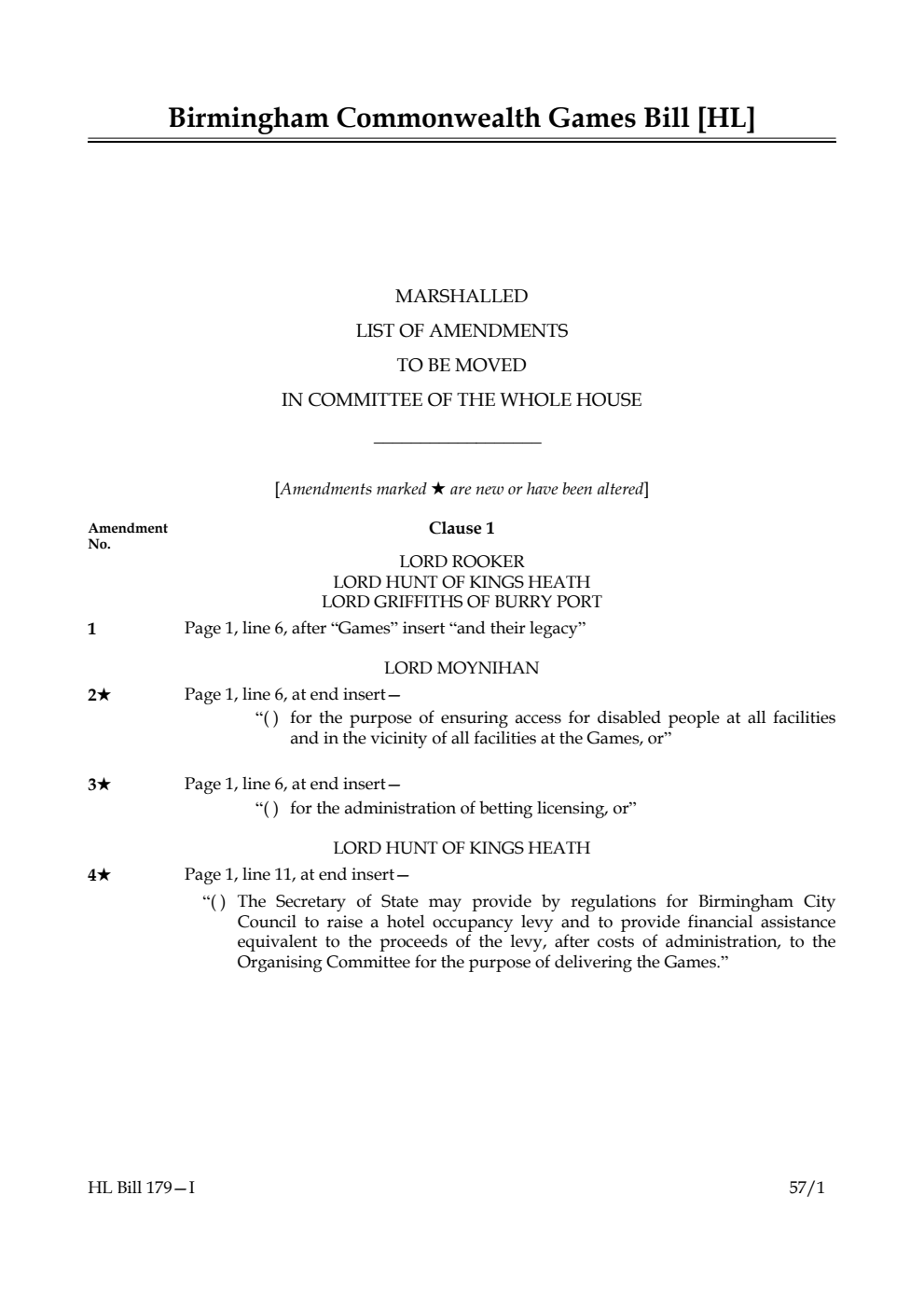 Birmingham Commonwealth Games Bill Marshalled List of Amendments to be moved in Committee of the Whole House