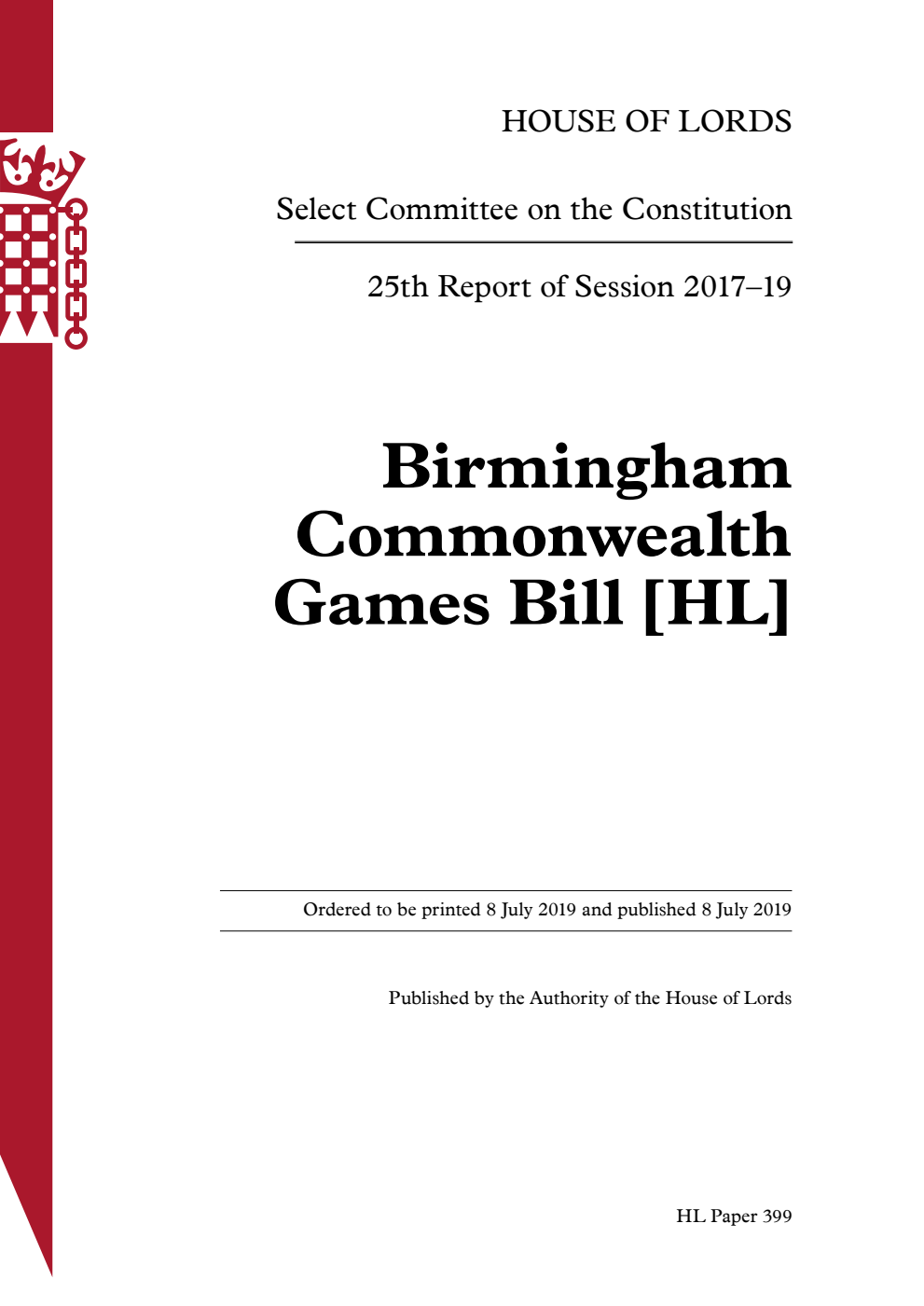 Constitution Committee 25th Report. Birmingham Commonwealth Games Bill [HL]