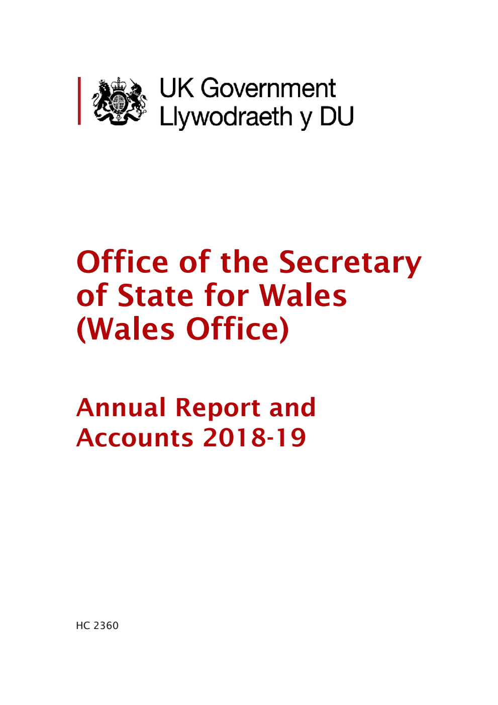 Office of the Secretary of State for Wales (Wales Office) Annual Report and Accounts 2018-19 (for the year ended 31 March 2019)