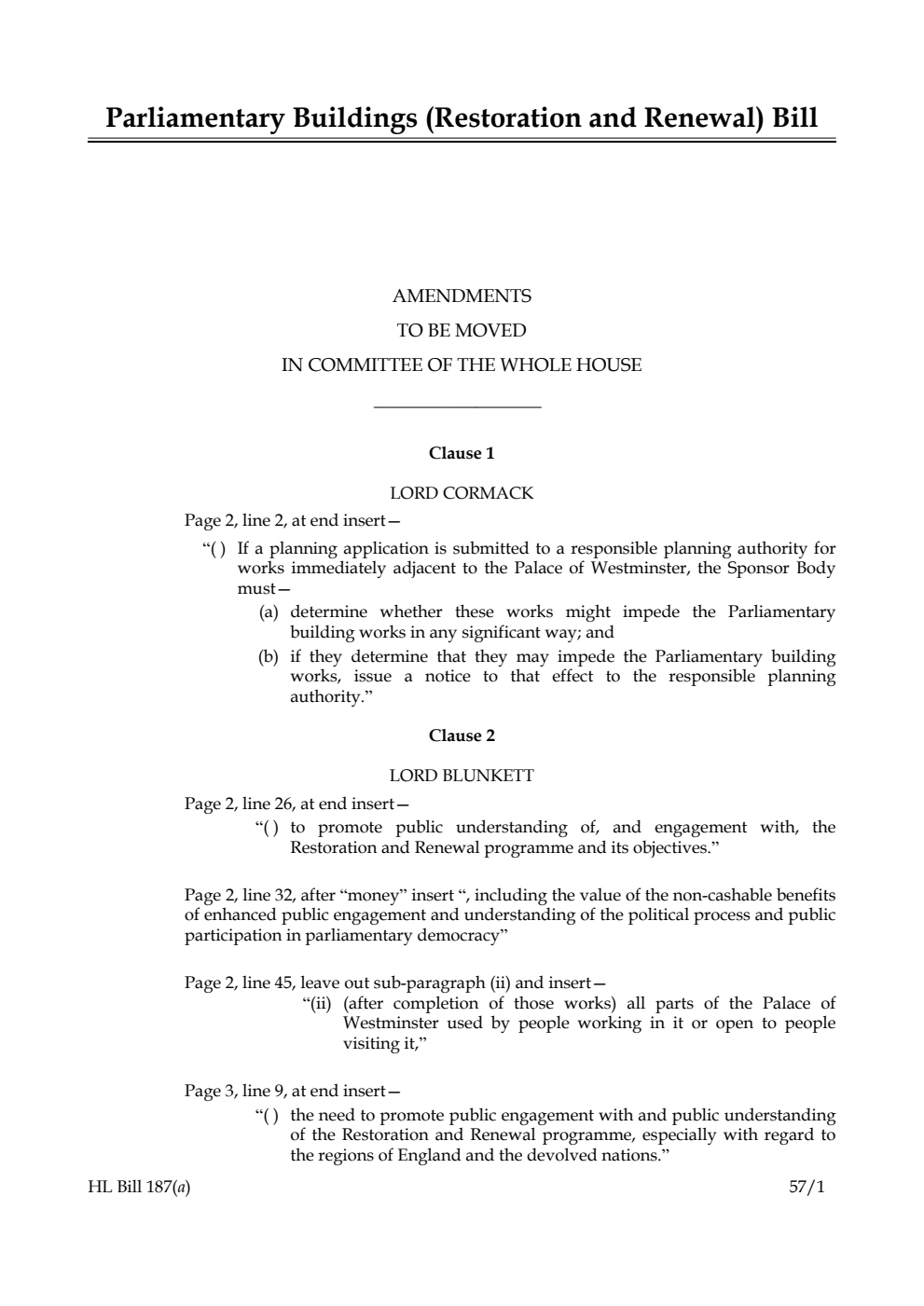 Parliamentary Buildings (Restoration and Renewal) Bill Amendments to be moved in Committee of the Whole House