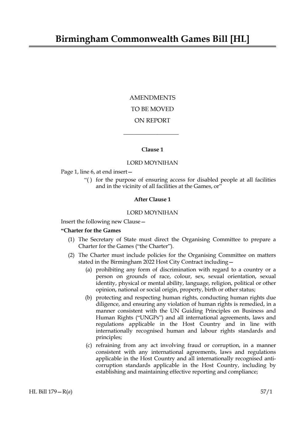 Birmingham Commonwealth Games Bill Amendments to be moved on report