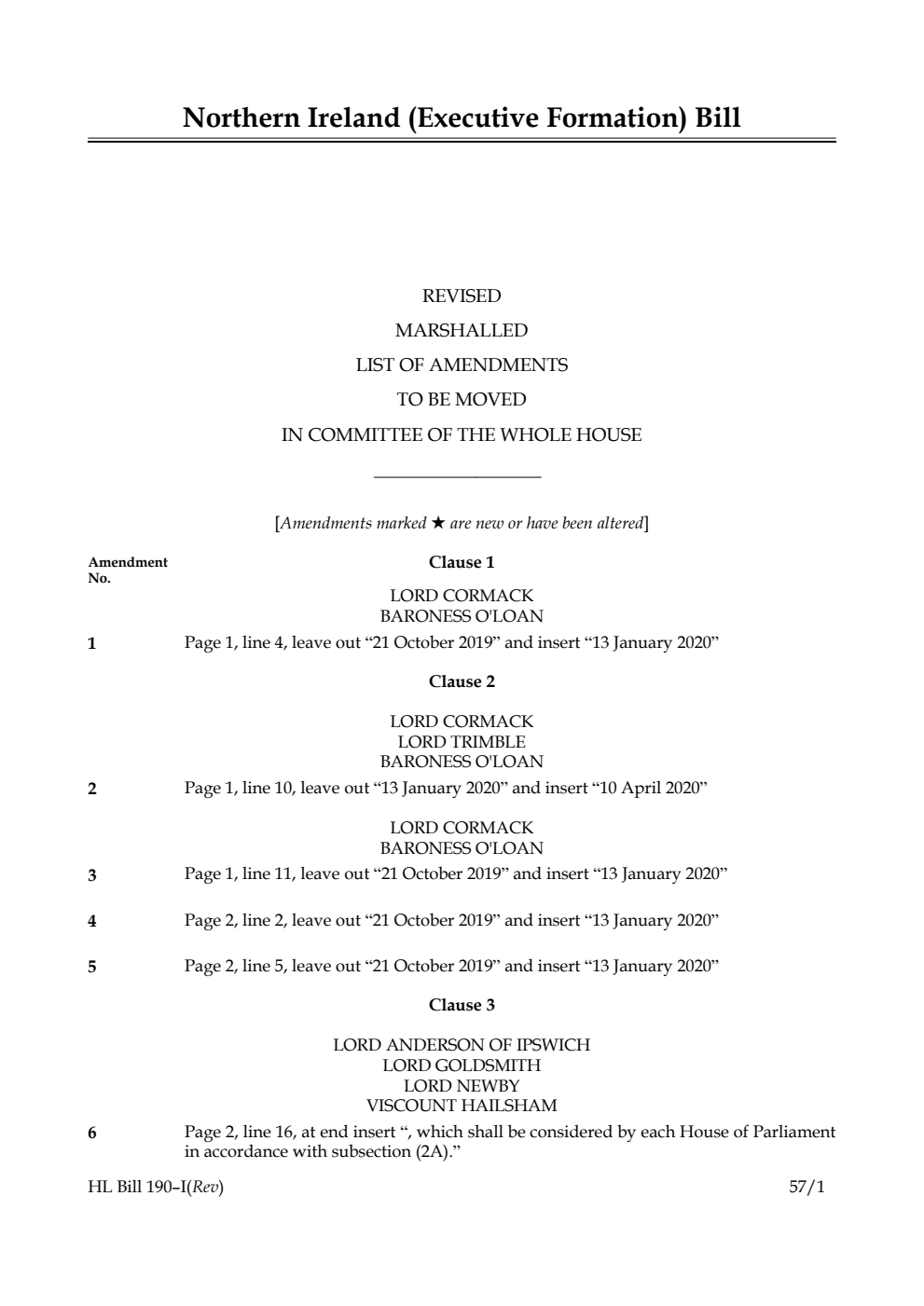 Northern Ireland (Executive Formation) Bill Revised Marshalled List of Amendments to be moved in Committee of the Whole House