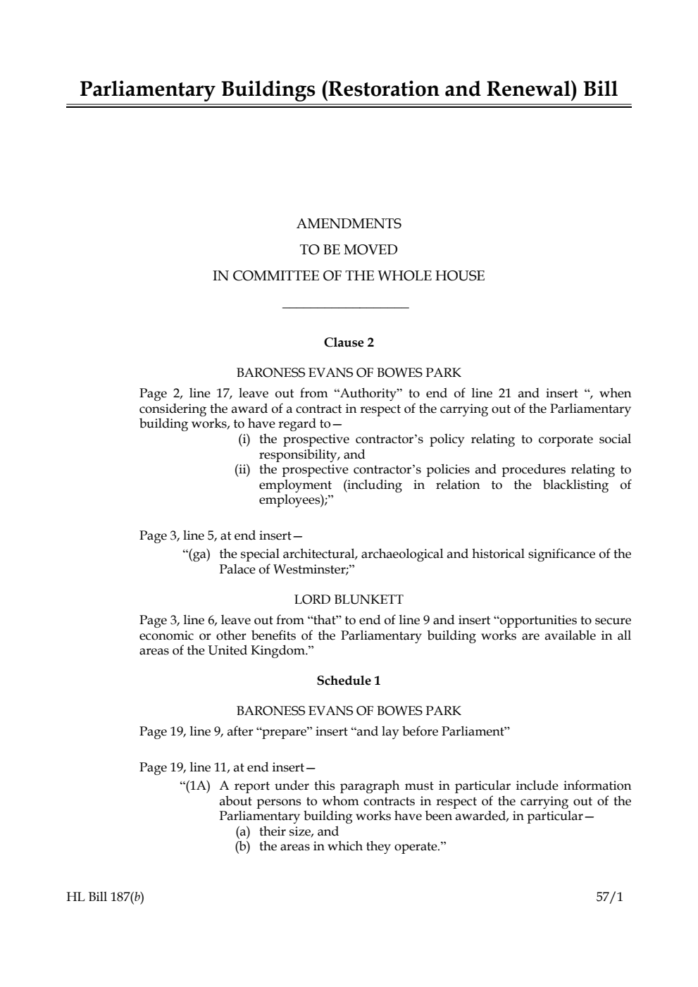 Parliamentary Buildings (Restoration and Renewal) Bill Amendments to be moved in Committee of the Whole House