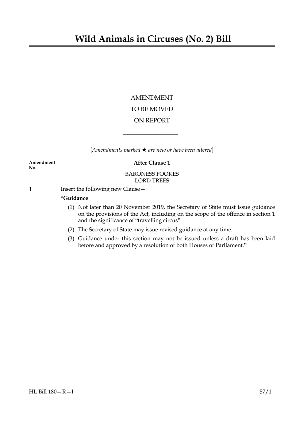 Wild Animals in Circuses (No. 2) Bill Amendment to be moved on report