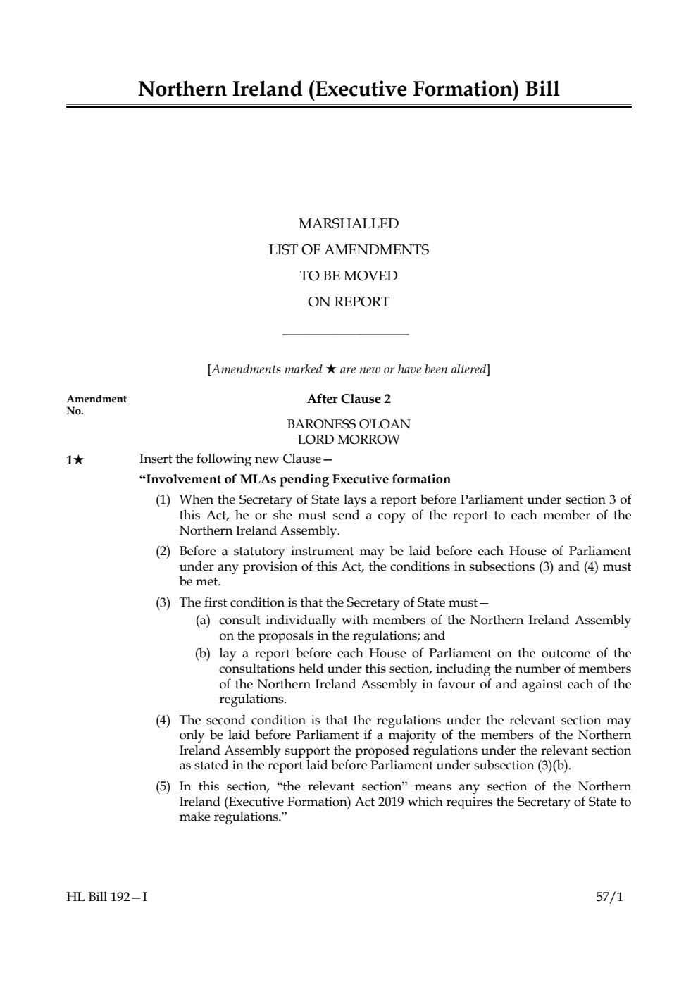Northern Ireland (Executive Formation) Bill Marshalled List of amendments to be moved on report