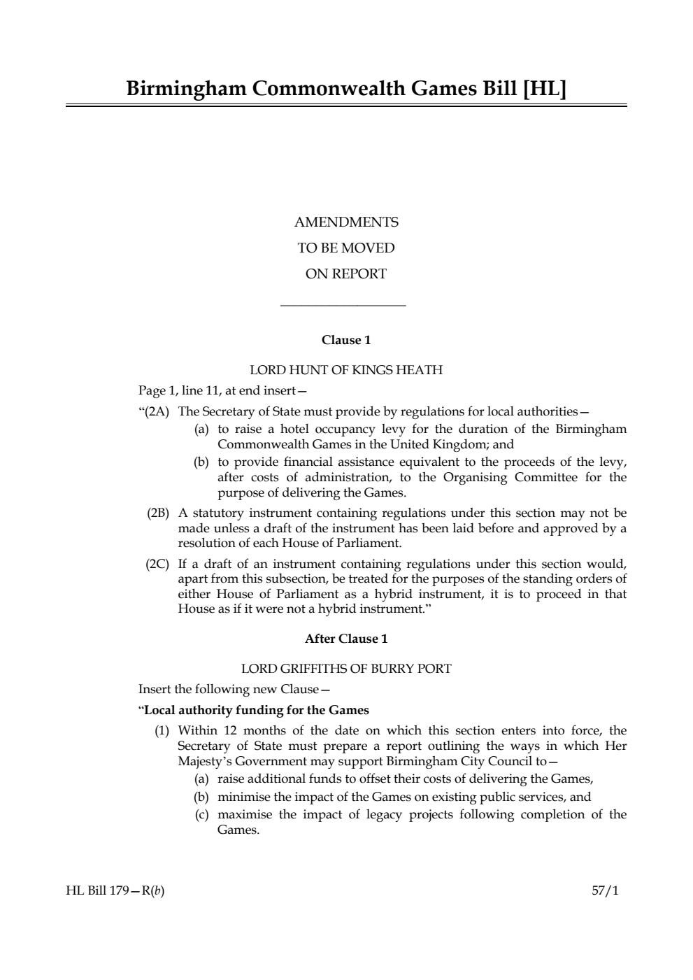 Birmingham Commonwealth Games Bill Amendments to be moved on report