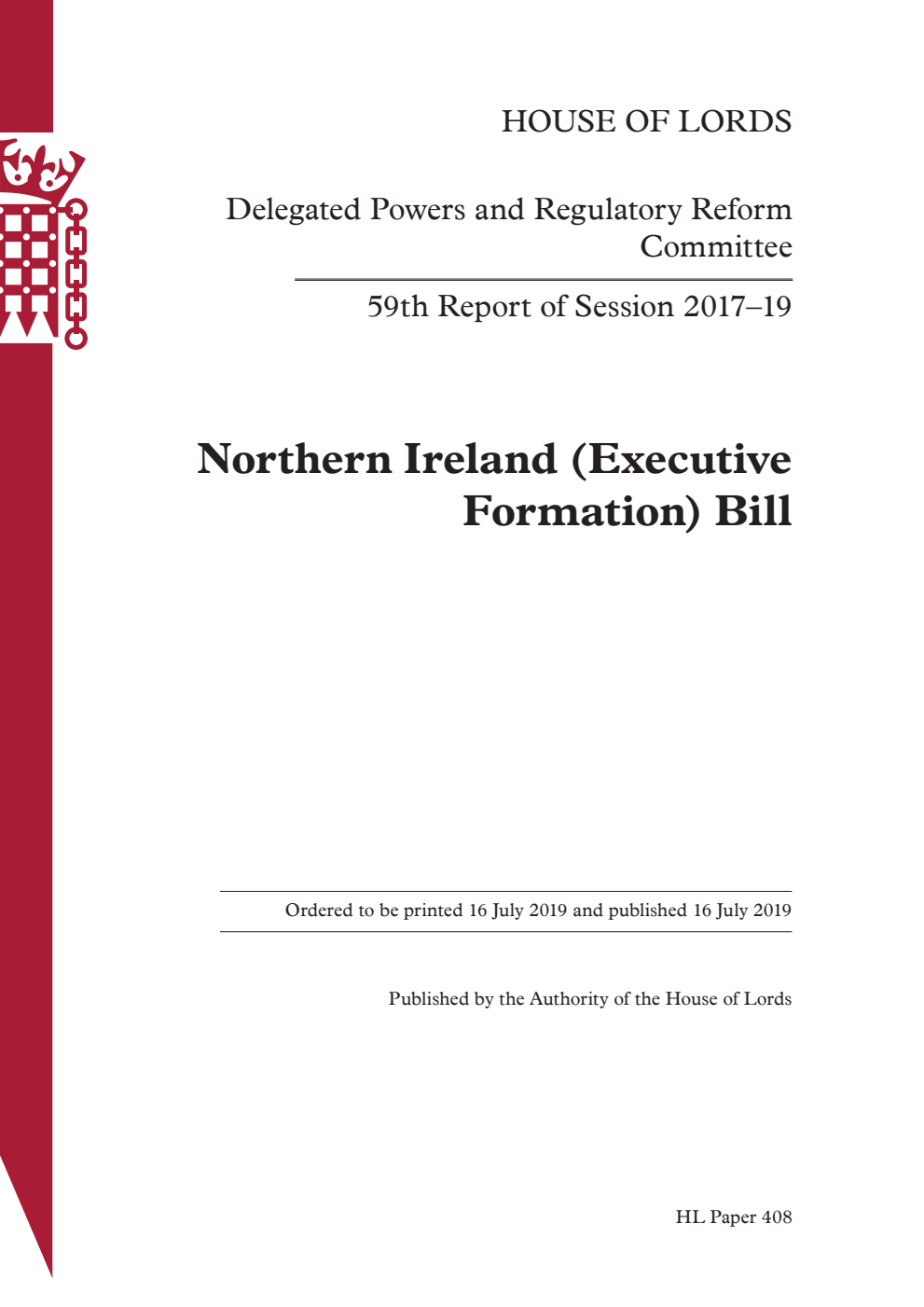 Delegated Powers and Regulatory Reform Committee 59th Report. Northern Ireland (Executive Formation) Bill