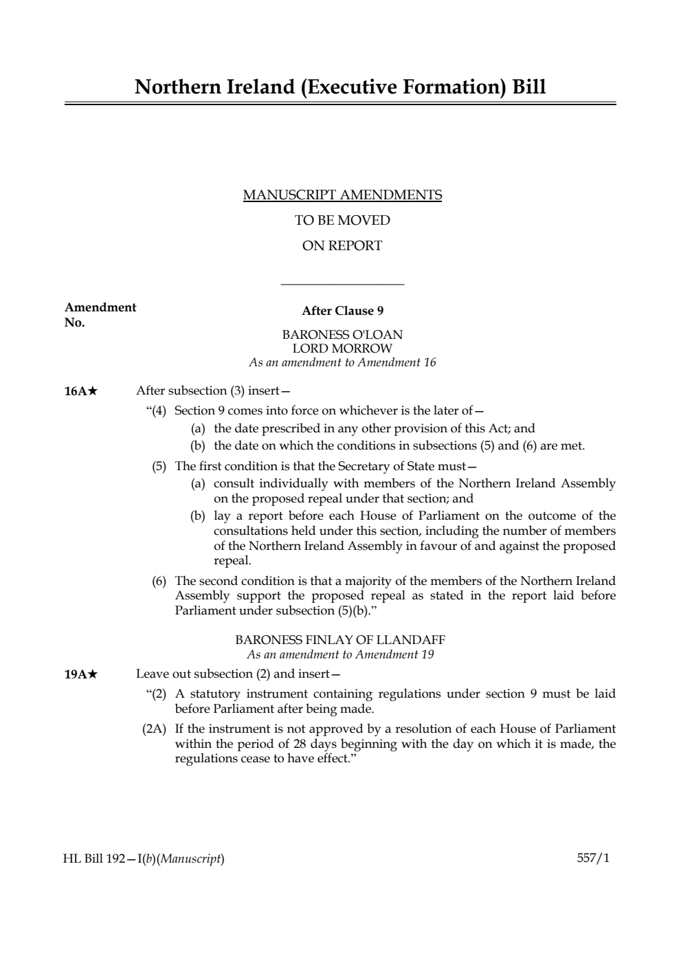 Northern Ireland (Executive Formation) Bill Manuscript Amendments to be moved on report