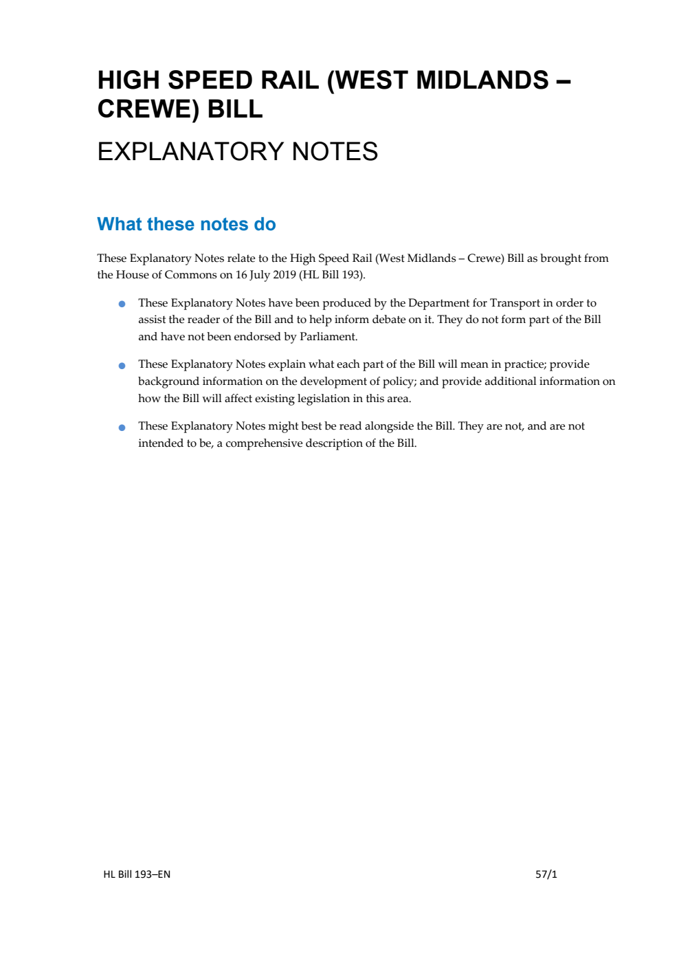 High Speed Rail (West Midlands - Crewe) Bill Explanatory Notes