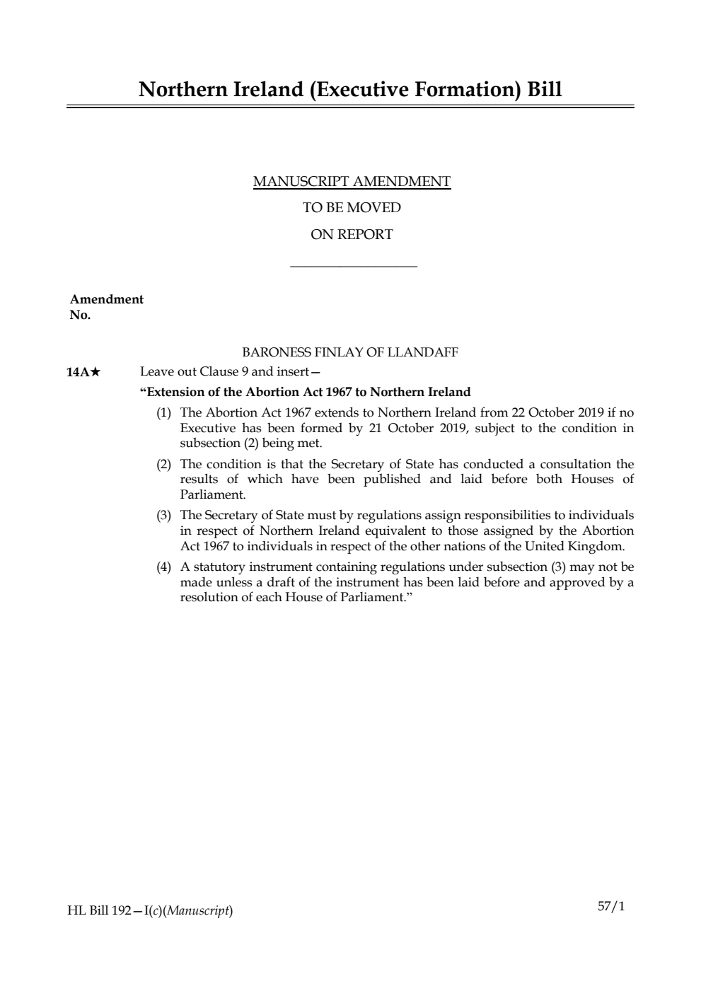 Northern Ireland (Executive Formation) Bill Manuscript Amendment to be moved on report
