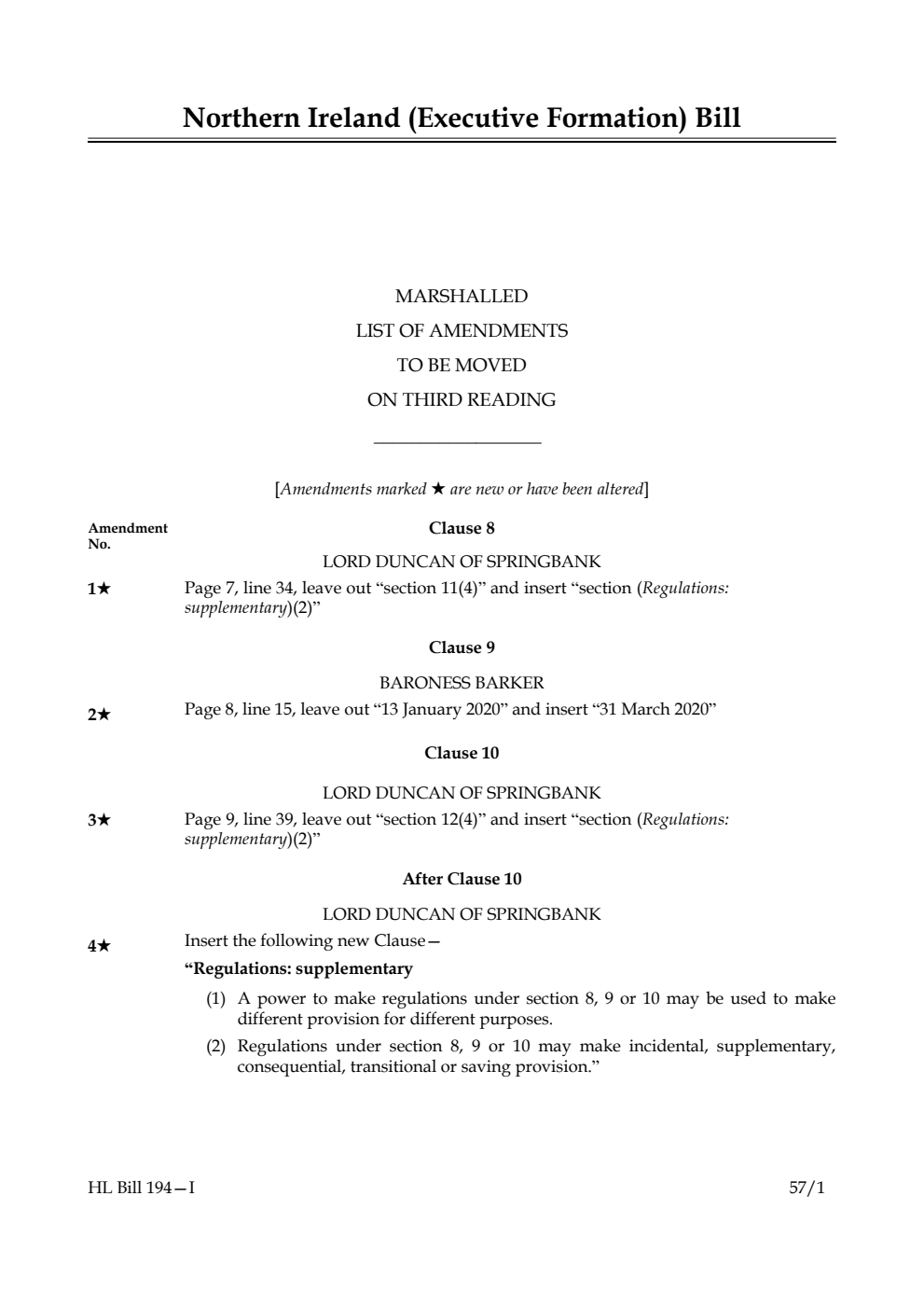Northern Ireland (Executive Formation) Bill Marshalled List of amendments to be moved on third reading