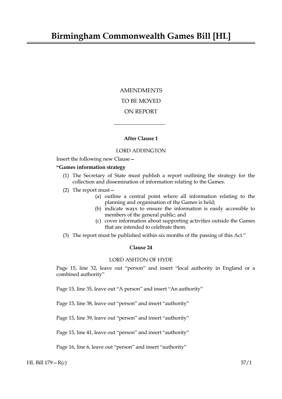 Birmingham Commonwealth Games Bill Amendments to be moved on report