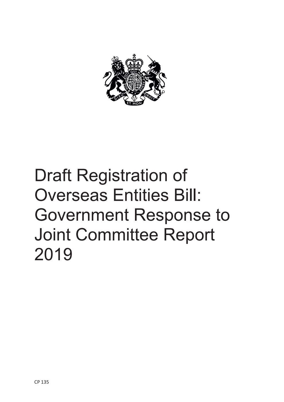 Draft Registration of Overseas Entities Bill: Government Response to Joint Committee Report 2019